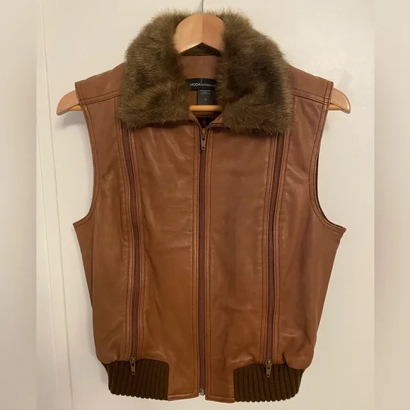 VTG Moda International Brown Leather Vest with Faux Fur Size M Aviator Bomber - Picture 1 of 13